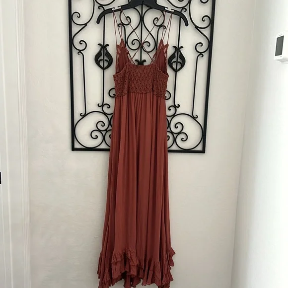 FREE PEOPLE Adella Lace Bralette Crinkle Lined Maxi Dress in Copper Brown Sz S. - Picture 4 of 16